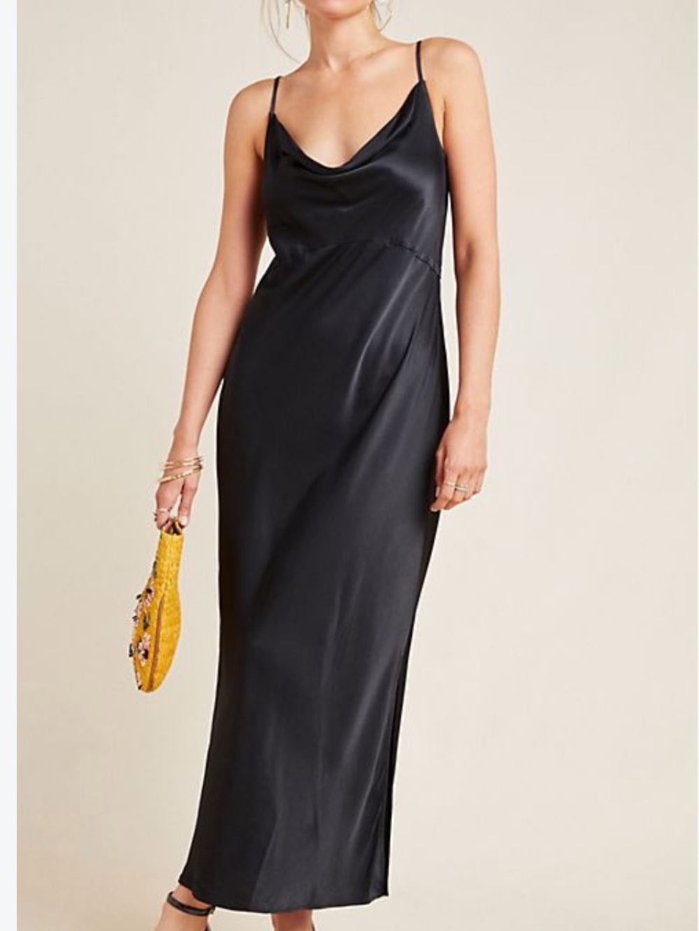 by Anthropologie Black Satin Draped Cowl Neck Sleeveless Midi Slip Dress Small